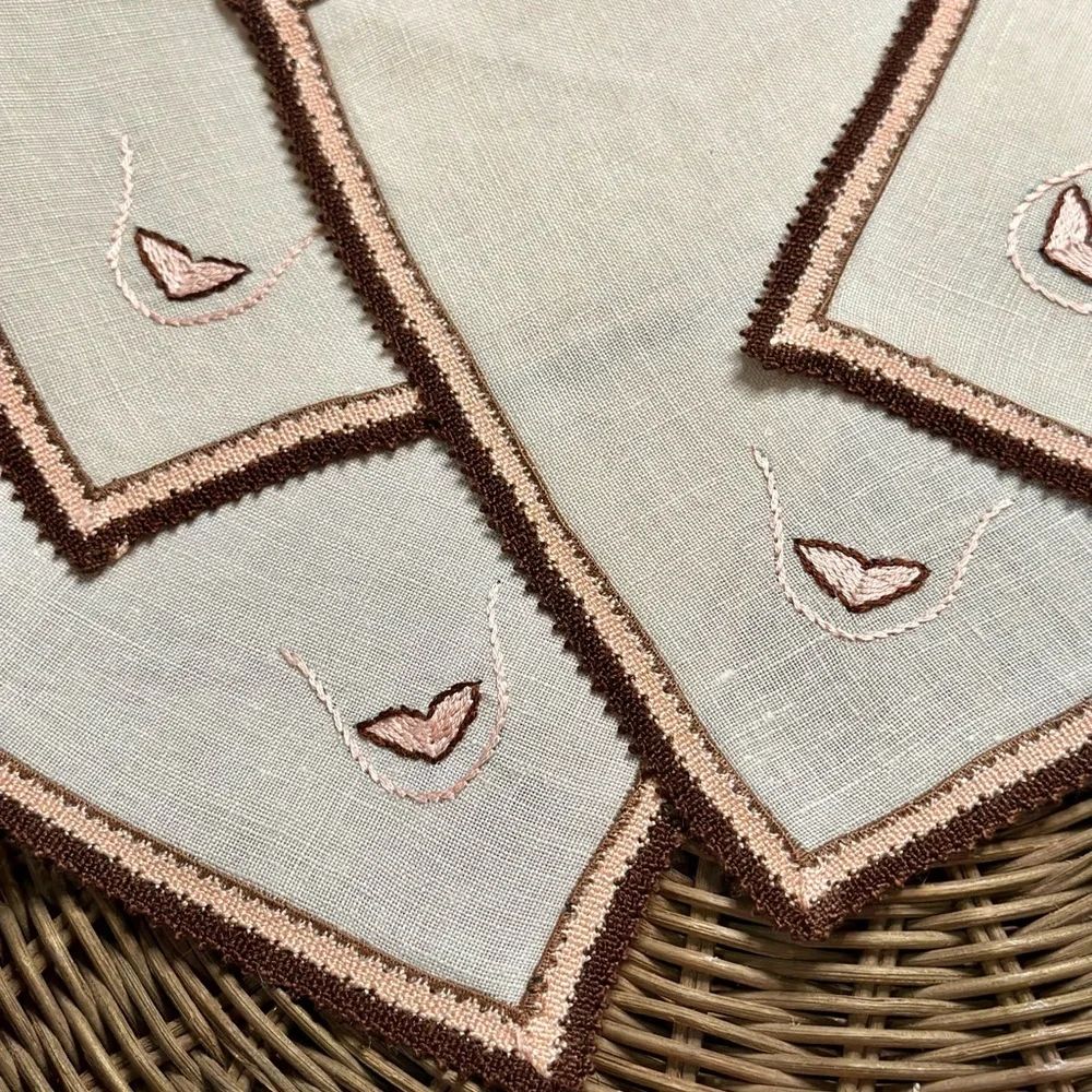 Vintage Embroidered Linen Napkins with Sweet Hearts
